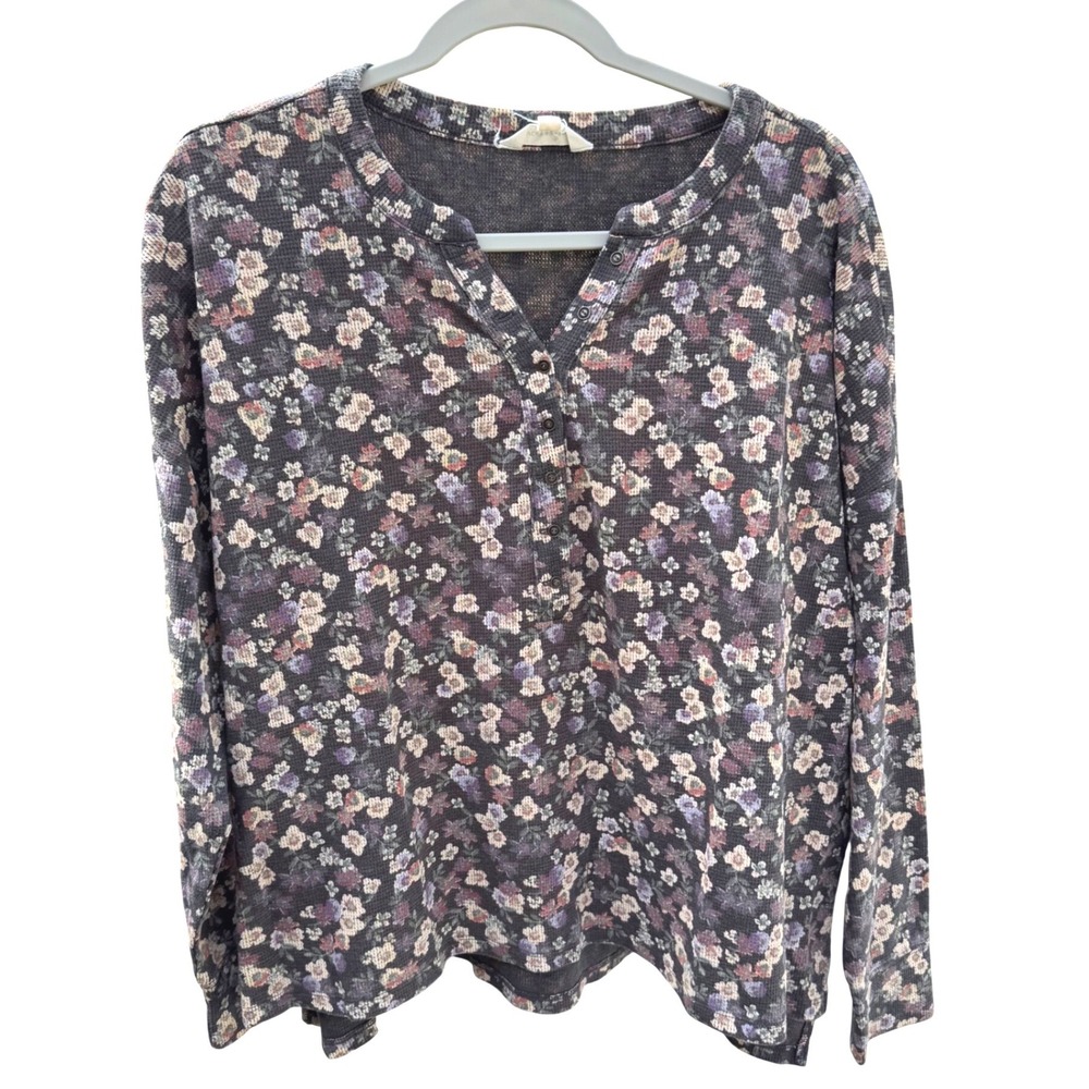 Lucky Brand Moody Floral Waffle Knit Henley Top XL Gray Long Sleeve Shirt Layers